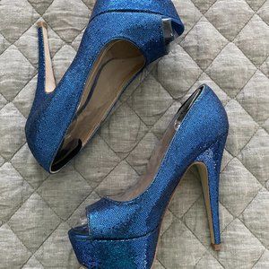ALDO Navy Blue Sparkle Peep Toe Platform Pump, Size 5/35